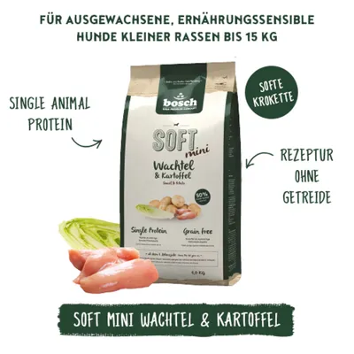 bosch SOFT mini Wachtel & Kartoffel, Single Animal Protein, softe Krokette, Rezeptur ohne Getreide, für ausgewachsene, ernährungssensible Hunde kleiner Rassen bis 15 kg.