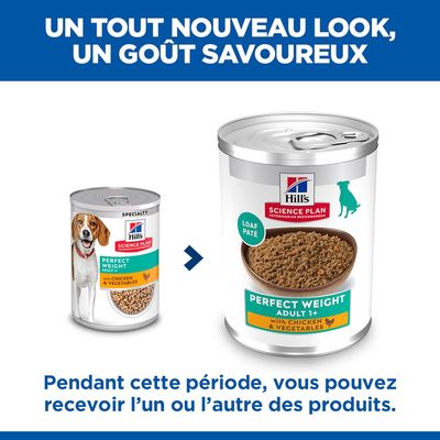 Hill's Science Plan Perfect Weight Adulte 1+ au poulet et aux légumes, nouveau design d'emballage. Pendant la phase de transition, les deux boîtes peuvent être livrées.
