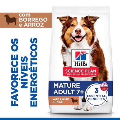 Hill's Science Plan Mature Adult 7+ Medium 11-25kg com cordeiro e arroz. Apoia energia, imunidade e saúde dos órgãos de cães idosos. Sem conservantes, corantes ou aromas artificiais.
