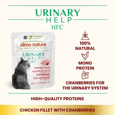 Almo Nature Urinary Help HFC, chicken fillet with cranberries, 24x50g, suitable for adult and senior cats. Ingredients originally fit for human consumption.