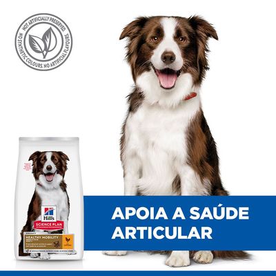 Hill's Science Plan Healthy Mobility Medium 11-25kg Adult 1+ com frango. Apoia a saúde das articulações para uma vida ativa. Sem conservantes, corantes ou aromas artificiais.