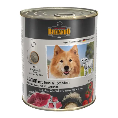 Conserve Belcando Dog Food 800 g, Agneau avec riz et tomates, avec graines de chia. Texte en allemand et français visible sur l’emballage.