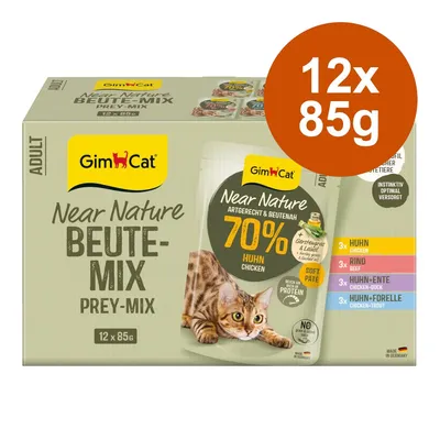 GimCat Near Nature Beute-Mix, 12x85g. 70% csirke, fajnak megfelelő és zsákmányhoz hasonló, Made in Germany. Változatok: csirke, marha, csirke-kacsa, csirke-pisztráng. Hozzáadott cukor nélkül, magas fehérjetartalommal.