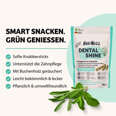 BUGBELL DENTAL SHINE Knabbersticks, unterstützt Zahnpflege, mit Buchenholz geräuchert, pflanzlich und umweltfreundlich. Mundgeruch & Zahnstein, 60g.