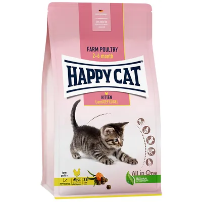 Happy Cat Kitten Land-Geflügel, Farm Poultry för kattungar 2–6 månader. Tillverkat i Tyskland, utan tillsatta konserveringsmedel, All in One-koncept, 85 % animaliskt protein, XS-kroketter.