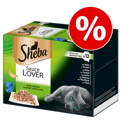Sheba Sauce Lover, 12 bakker. Tekst: mit Huhn, mit Ente, mit Lachs, mit Thunfisch. Stor procent-tegn i rød cirkel øverst til højre. Sheba Sauce Lover, 12 bakker. Tekst: mit Huhn, mit Ente, mit Lachs, mit Thunfisch. Stor procent-tegn i rød cirkel øverst til højre.