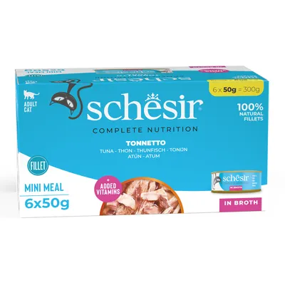 Boîte Schesir Complete Nutrition pour chat adulte, thon, 6 x 50 g, filets naturels 100 %, mini repas, ajout de vitamines, en bouillon. Texte multilingue visible sur l’emballage.