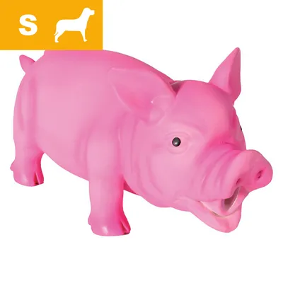Lyserødt hundelegetøj formet som en gris, størrelse S angivet med hvidt S og hundesilhuet på gul baggrund i øverste venstre hjørne.