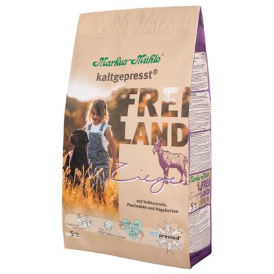 Sac de croquettes Markus Mühle kaltgepresst FREILAND ZIEGE, 5 kg, avec texte : mit Vollkornreis, Pastinaken und Hagebutten. Illustrations de chien, chèvre et pictogrammes visibles.