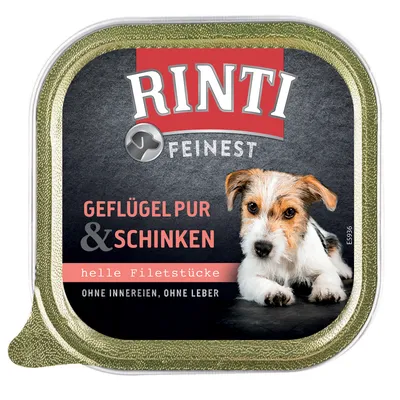 Упаковка Rinti Finest, надписи: Geflügel pur & Schinken, helle Filetstücke, ohne Innereien, ohne Leber. Видны лапы собаки.