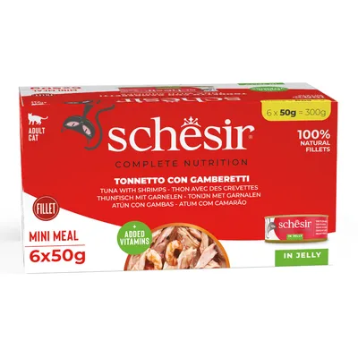 Schesir Mini Meal für erwachsene Katzen, Thunfisch mit Garnelen in Gelee, 6x50g, 100% natürliche Filets, mit zusätzlichen Vitaminen.