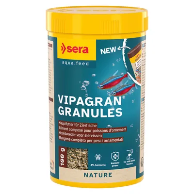 sera aqua.feed VIPAGRAN GRANULES Pääruoka koristekaloille, 4 % hermetia, immuuniteho, keskiveden vyöhykkeille, NATURE, 100 g