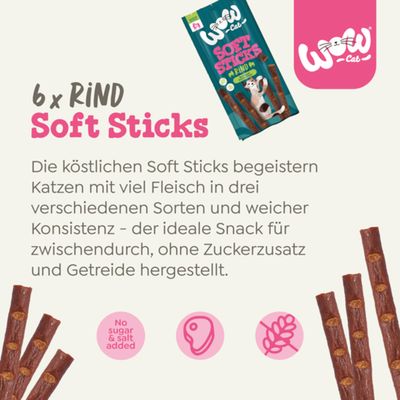 6x Rind Soft Sticks für Katzen. Snack mit viel Fleisch, weicher Konsistenz, ohne Zuckerzusatz und Getreide. Drei Sorten verfügbar. Icons: kein Zucker & Salz, Fleisch, getreidefrei.