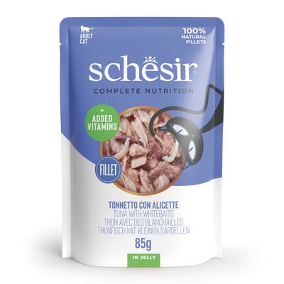 Schesir Complete Nutrition para gatos adultos, filete de atum em gelatina, 6x85g, com vitaminas adicionais, filetes 100% naturais.