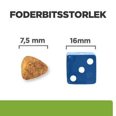 Jämförelse av foderbitsstorlek: Krokett med 7,5 mm bredvid en kub med 16 mm. Rubrik: Foderbitsstorlek.