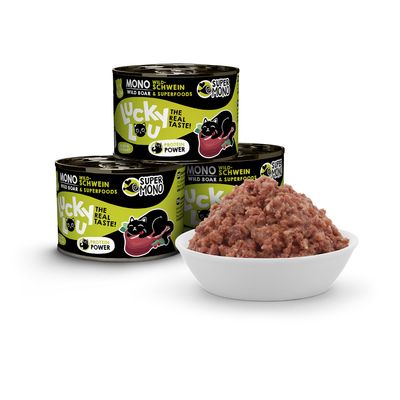 Lucky Lou Mono vaddisznó és szuperételek. Protein Power. The Real Taste! Három konzerv és egy tál nedves eledel.