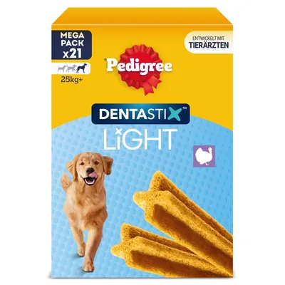 Pedigree Dentastix Light Mega Pack x21, utvecklad med veterinärer, för hundar från 25 kg, smak av fjäderfä.