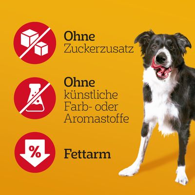 Ohne Zuckerzusatz, ohne künstliche Farb- oder Aromastoffe, fettarm. Produktmerkmale hervorgehoben mit Symbolen und einem Hund auf gelbem Hintergrund.
