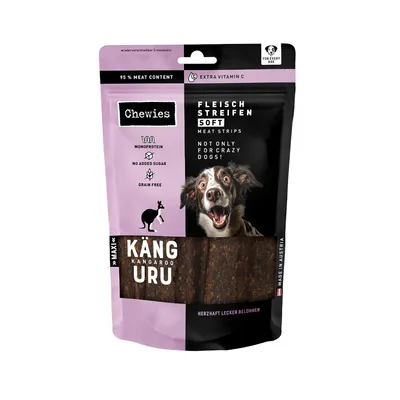 Chewies Fleisch Streifen Soft Kangaroo, 95 % meat content, extra vitamin C, monoprotein, no added sugar, grain free. Texte en anglais et allemand sur l'emballage. Photo d'un chien.