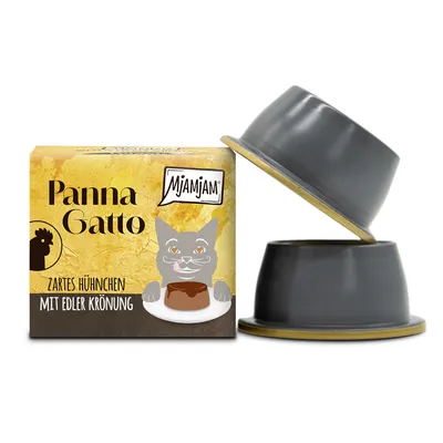 Mjamjam Panna Gatto, zartes Hühnchen mit edler Krönung. Verpackung zeigt Illustration einer Katze und Huhn-Symbol.