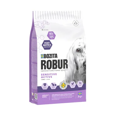 Bozita Robur Sensitive Active Lam, Zweedse functionele kwaliteit, voor volwassen honden met hoog activiteitsniveau. 3kg verpakking, bevat postbiotica en energieondersteuning.