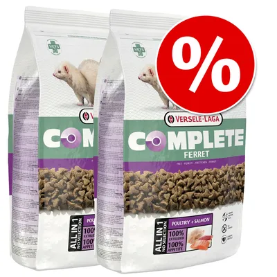 Versele-Laga Complete Ferret, All-in-1 extrudiert, Geflügel + Lachs, 100% Appetit. Angebot mit rotem Prozentzeichen.