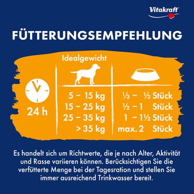Fütterungsempfehlung für Hunde nach Idealgewicht: 5-15kg 1/3-1/2 Stück, 15-25kg 1/2-1 Stück, 25-35kg 1-1½ Stück, über 35kg max. 2 Stück. Hinweis: Ausreichend Trinkwasser bereitstellen.