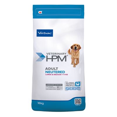 Changement de packaging : croquettes Virbac Veterinary HPM Adult Neutered Large & Medium >11 kg, informations visibles sur protéines 34 %, matières grasses 12 %, glucides 25,5 %.