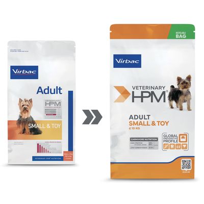 Comparaison de deux emballages Virbac Veterinary HPM Adult Small & Toy ≤10 kg, avec un chien illustré et informations nutritionnelles visibles : protéines 34 %, glucides 22,5 %.