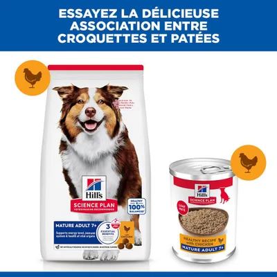 Hill's Science Plan Mature Adulte 7+ aliments secs et humides au poulet pour chiens âgés. Recommandation : essayez la combinaison de croquettes et de pâtée.