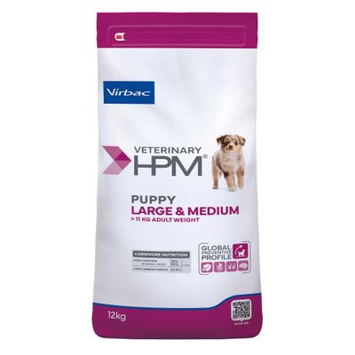 Virbac Baby Large & Medium becomes Virbac Veterinary HPM Puppy Large & Medium >11kg adult weight. Recyclable bag, carnivore nutrition, global preventive profile.