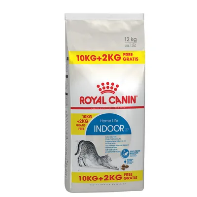 Royal Canin Home Life Indoor 27 cat food, 12 kg bag. Visible text: 10kg + 2kg free gratis. Image of a stretching cat and kibble pieces on the front.