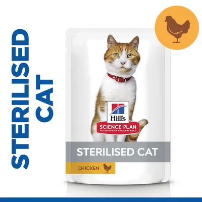 Hill's Science Plan Sterilised Cat -kana, annospussi. Teksti: STERILISED CAT, CHICKEN. Kuvassa oranssivalkoinen kissa ja kanan siluetti.