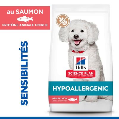 Hill's Science Plan Hypoallergenic, No Grain Salmon, croquettes pour chien, texte visible : SENSIBILITÉS, image de poisson et symbole sans céréales sur l’emballage.