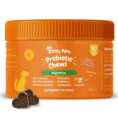 Zesty Paws Probiotic Chews Digestion, 50 mehkih priboljškov, bogato s bučo, za delovanje črevesja, ravnovesje črevesne flore, imunsko funkcijo, s prebiotiki, probiotiki, postbiotiki, 165 g. Zesty Paws Probiotic Chews Digestion, 50 mehkih priboljškov, bogato s bučo, za delovanje črevesja, ravnovesje črevesne flore, imunsko funkcijo, s prebiotiki, probiotiki, postbiotiki, 165 g.