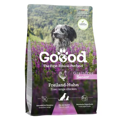 Goood Senior Freiland-Huhn, getreidefreie Rezeptur, heimische Superfoods, für alle Rassen. Made in Germany, ohne künstliche Konservierungsstoffe, geprüftes Tierwohl.