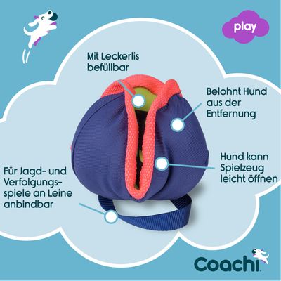 Coachi Spielzeug für Hunde, mit Leckerlis befüllbar, belohnt Hund aus der Entfernung, leicht zu öffnen, an Leine anbindbar für Jagd- und Verfolgungsspiele.