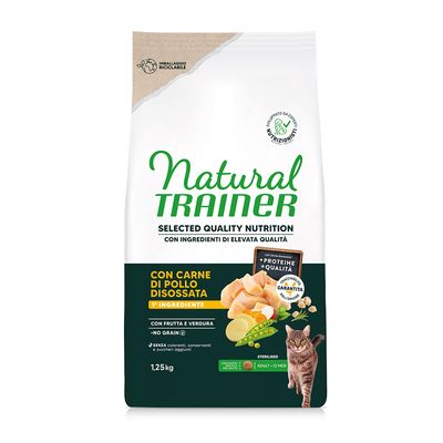 Natural Trainer Katzenfutter, 1,25kg, mit entbeintem Hühnerfleisch, Obst und Gemüse, ohne Getreide, sterilisiert, für erwachsene Katzen ab 12 Monaten. Verpackung recycelbar.