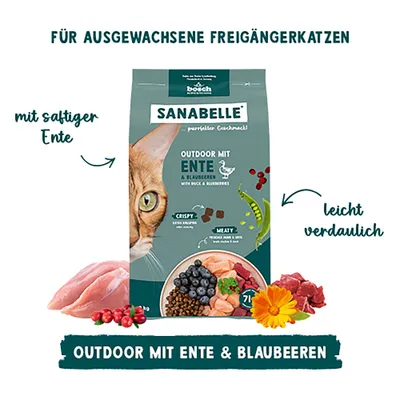 Sanabelle Outdoor mit Ente & Blaubeeren, für ausgewachsene Freigängerkatzen, mit saftiger Ente, leicht verdaulich, crispy und meaty Kroketten. Sanabelle Outdoor mit Ente & Blaubeeren, für ausgewachsene Freigängerkatzen, mit saftiger Ente, leicht verdaulich, crispy und meaty Kroketten.