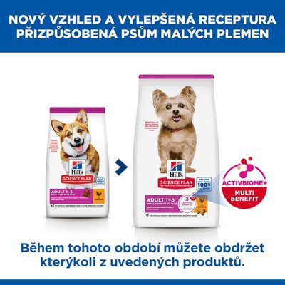 Hill's Science Plan Adult 1-6 Small & Mini do 10 kg, s kuřetem. Podporuje imunitu u malých dospělých psů. Bez umělých konzervantů, barviv a aromat.