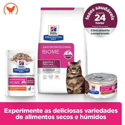 Hill's Prescription Diet Gastrointestinal Biome para gatos, cuidado digestivo/fibras, clinicamente comprovado, digestão saudável em 24 horas. Ração seca e húmida ilustradas.