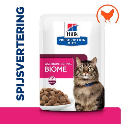 Hill's Prescription Diet Gastrointestinal Biome kattenvoer met kip, spijsvertering, ActiveBiome+ Digestion, verpakking met kat en voerbak
