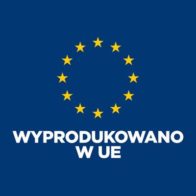 Tekst: WYPRODUKOWANO W UE, otoczone gwiazdami UE. Oznacza: Wyprodukowano w Unii Europejskiej.