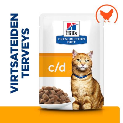 Hill's Prescription Diet c/d, kuva ruokakupista, jossa lihapaloja, teksti: Virtsateiden terveys, kanan symboli oikeassa yläkulmassa.