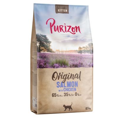 Purizon Kitten Original Lohi ja Kana, 65 % eläinperäisiä ainesosia, 35 % kasviperäisiä ainesosia, 0 % viljaa, 6,5 kg pussi.