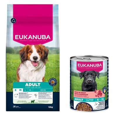 Eukanuba Premium Nutrition Dry Dog Food + Eukanuba Wet Dog Food Free! * Adult Small & Medium Breed Lamb & Rice (12kg) + Adult Rich in Beef with Pumpkin (3 x 400g)