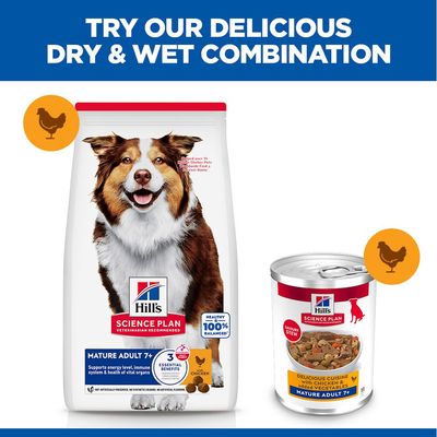 Hill's Science Plan Mature Adult 7+ Dry and Wet Food with Chicken, combination for senior dogs, 3 essential benefits, 100% balanced.