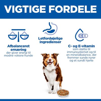 Vigtige fordele: Afbalanceret ernæring, letfordøjelige ingredienser, C- og E-vitaminer til støtte af immunsystemet og mineralbalance. Hund afbildet med foderskål.