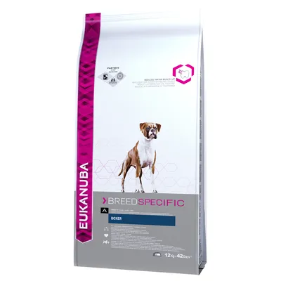 Vreća hrane za pse Eukanuba Breed Specific Boxer, prikaz psa boksera na pakiranju, vidljiv tekst 'REDUCES TARTAR BUILD-UP', težina 12 kg, trajanje 42 dana.