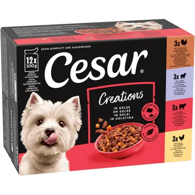 Cesar Creations hyytelössä, 12 x 100g annospussit. Maut: kalkkuna & porkkana, lammas & vihannekset, naudanliha & porkkana, kana & herneet. 100 % täysipainoinen ja tasapainoinen.